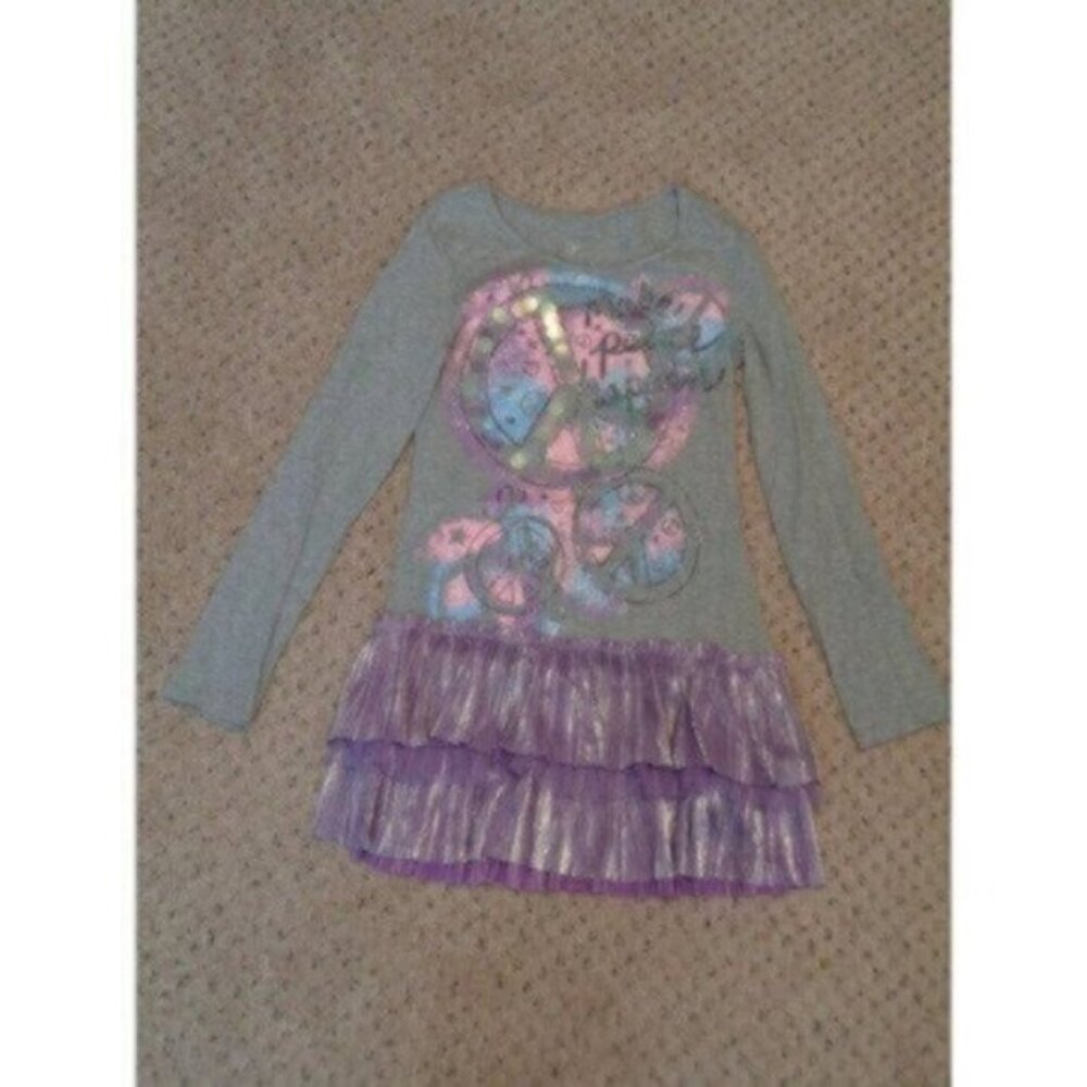 Justice girls size 10 gray "Make Peace Happen" sparkle tiered dress